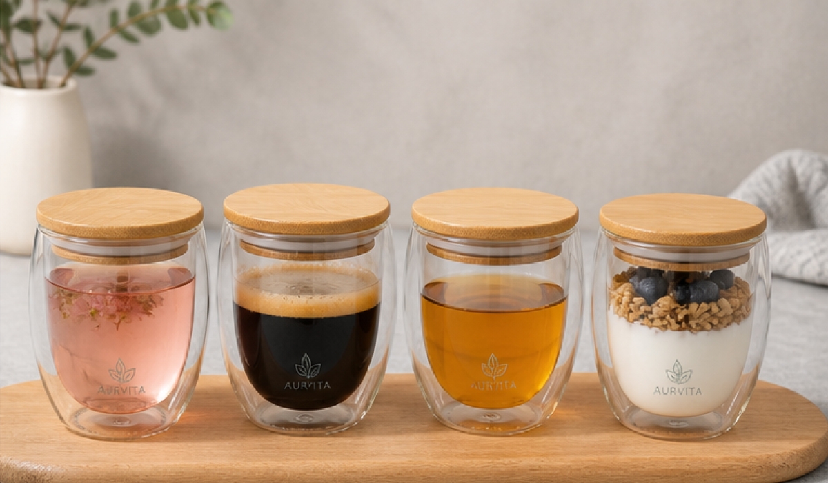 250ml Double Wall Glass Mug with Bamboo Lid