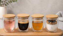 250ml Double Wall Glass Mug with Bamboo Lid