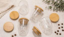 250ml Double Wall Glass Mug with Bamboo Lid